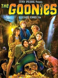 Poster of movie depicting teenage children huddled around a pirate hat on top of a skull.